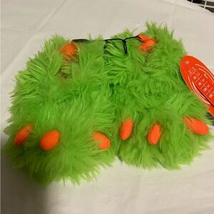 Fluffy Green and Orange Kids Monster Paw Slippers